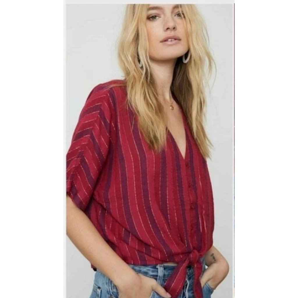 Rails Thea Rouge Stripe Cropped V-Neck Tie Blouse Size Large
